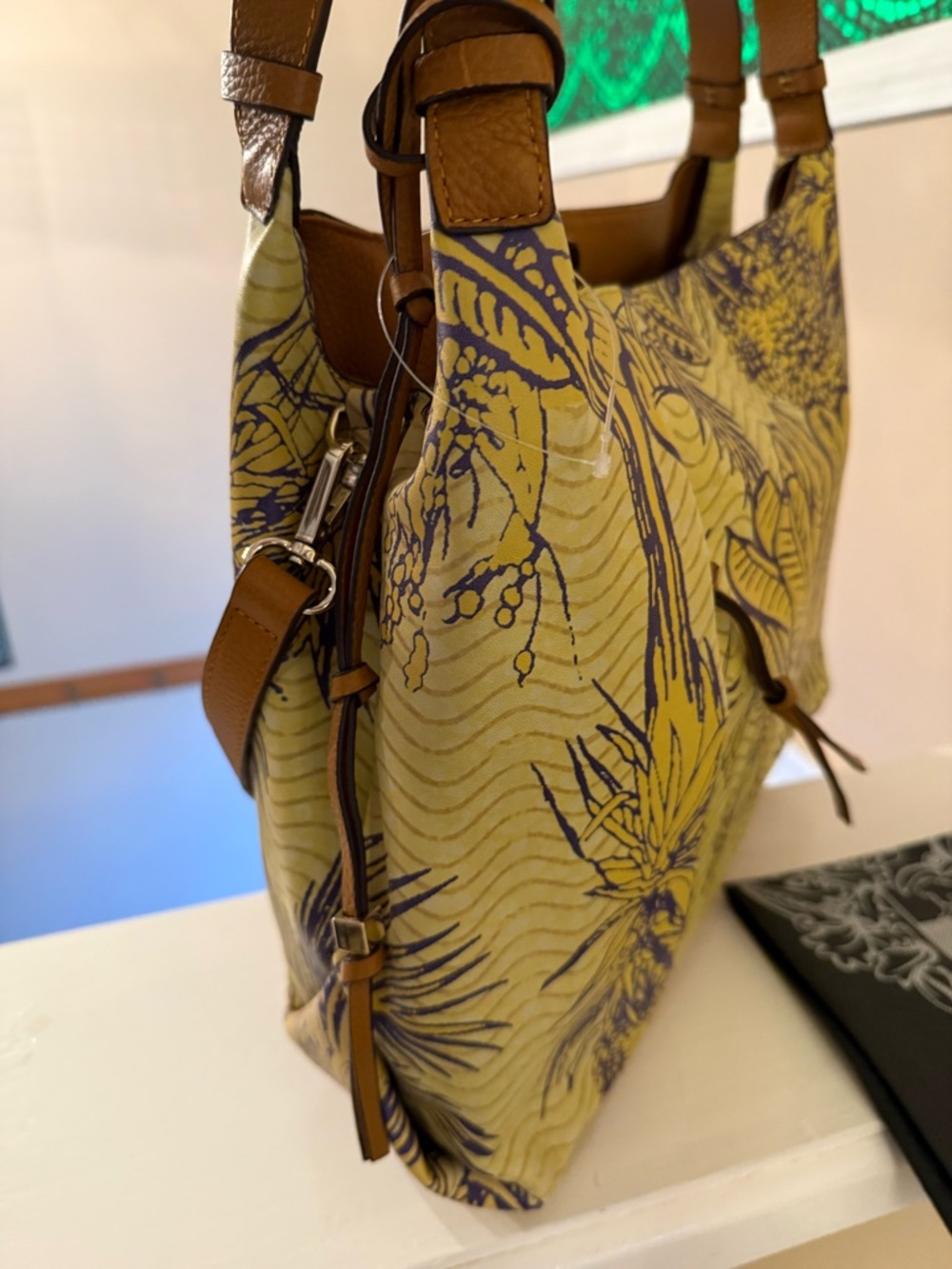 Vince Camuto Tania Convertible Leather Tote ~Tropical Yellow/Purple NWOT w/dusty - Picture 5 of 17